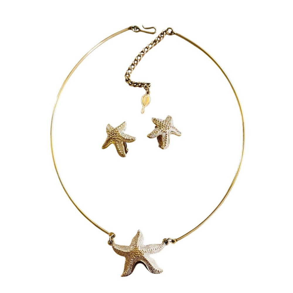 Sarah Coventry Signed Sea Star Necklace Earrings Matching Set Lot VTG Gold Tone